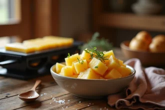 Bol de pommes de terre écrasées maison servi lors d'un dîner raclette traditionnel avec grille à fromage fondu sur table en bois rustique