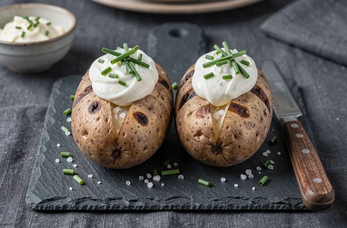 Deux pommes de terre au four grillées sur ardoise avec crème fraîche, ciboulette et sel de mer, présentation rustique