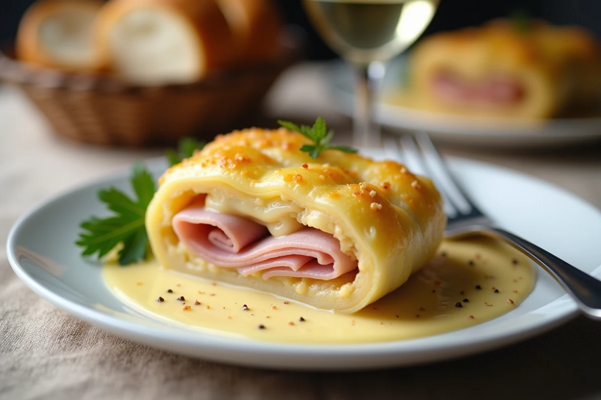 Portion d'endive au jambon gratin en béchamel sur assiette blanche avec fromage fondu, accompagnée d'un verre de vin blanc