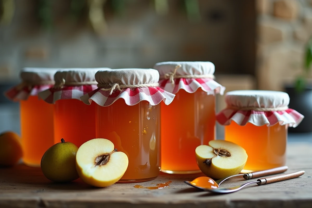 Pots de confiture de coings maison alignés sur une table en bois avec un coing frais non épluché et une cuillère en métal vintage au premier plan