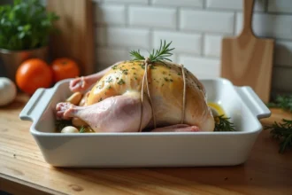 Poulet entier cru d'environ 1,5 kg dans un plat en céramique prêt à être enfourné avec herbes et ail