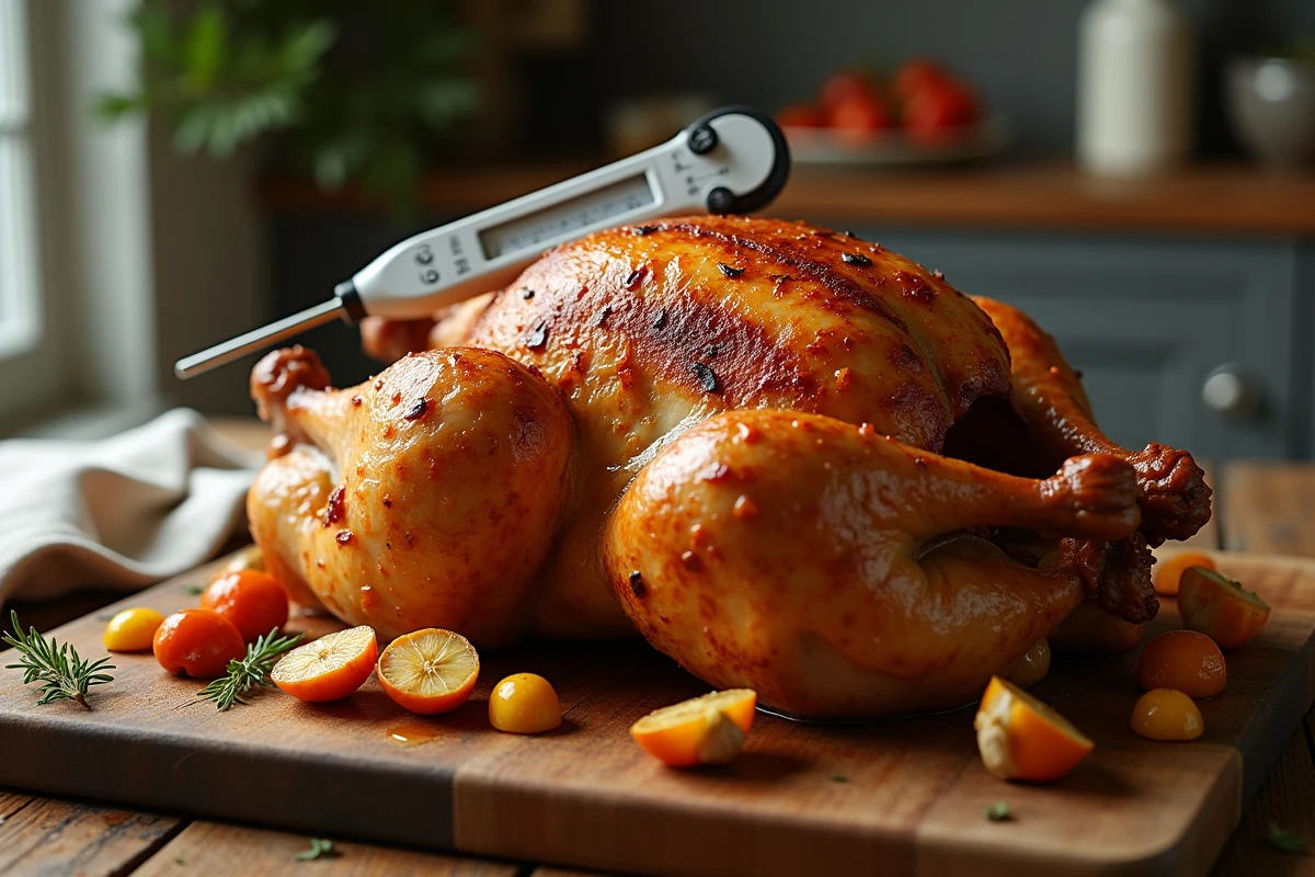 Poulet rôti entier doré et croustillant posé sur une planche à découper avec thermomètre de cuisson