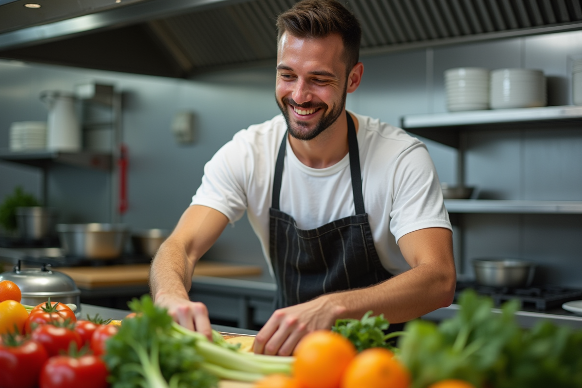 Employé de restauration souriant préparant des légumes en cuisine