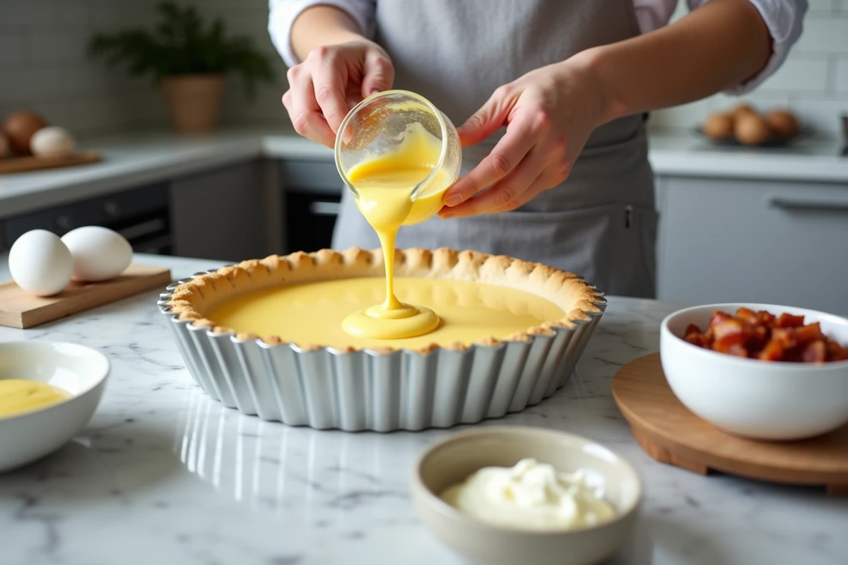 Préparation de l'appareil à quiche lorraine versé dans un moule rond avec les ingrédients mesurés