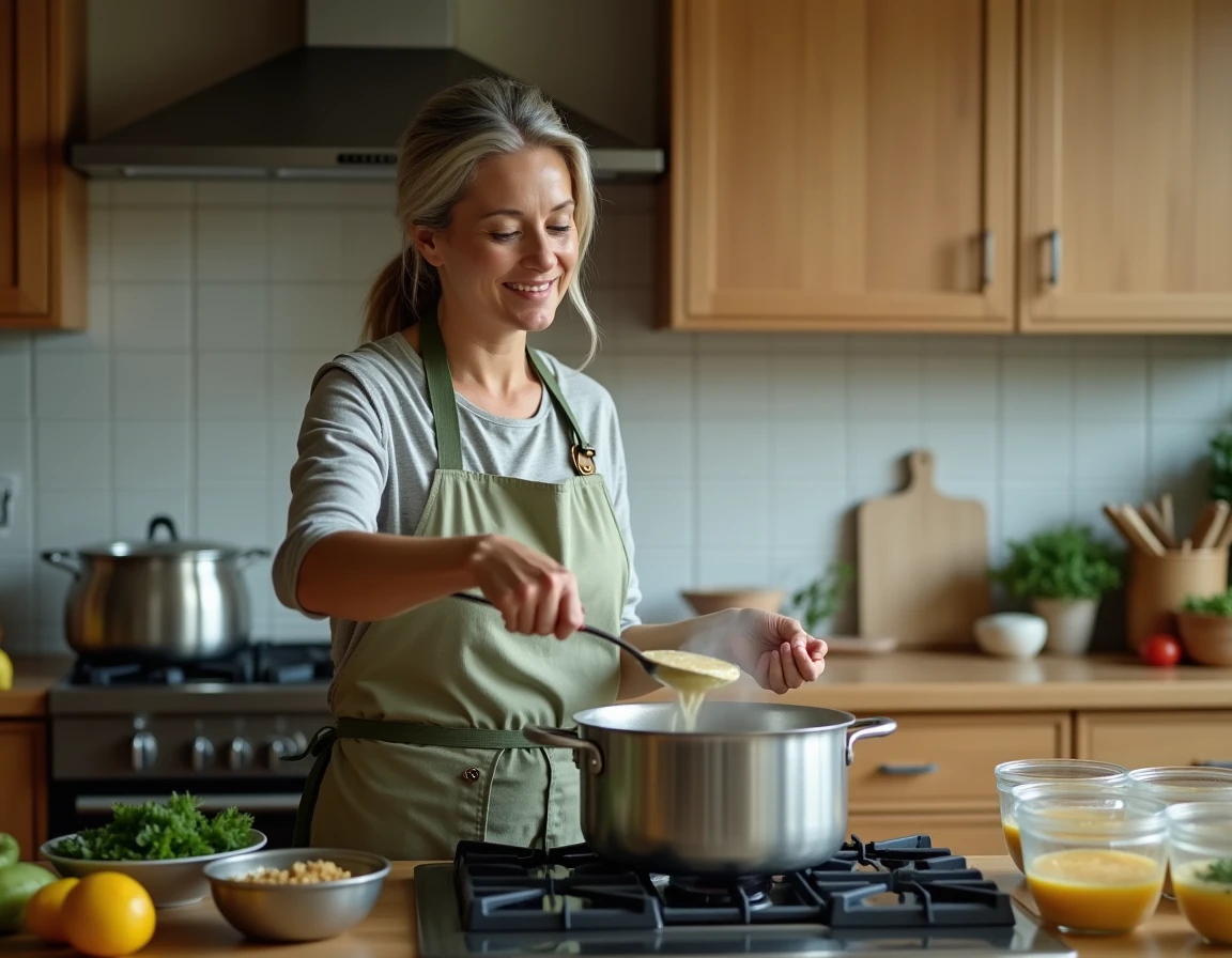 Femme préparant une blanquette de veau en batch cooking dans une cuisine moderne avec des boîtes de conservation