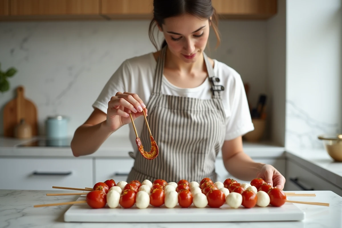 Femme préparant des brochettes apéro à l'avance dans une cuisine moderne en enfilant mozzarella et tomates séchées sur des piques en bambou