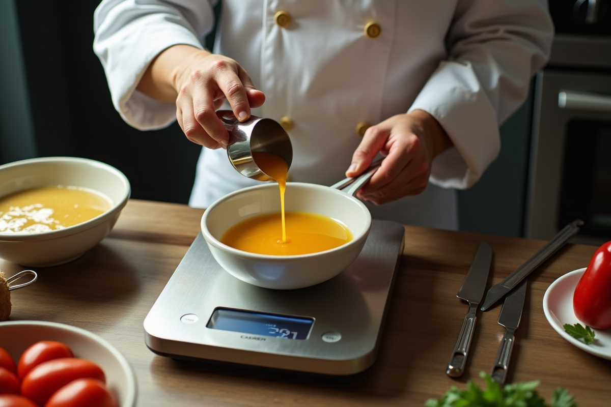 Cuisinier verseant liquide dans un bol sur une balance