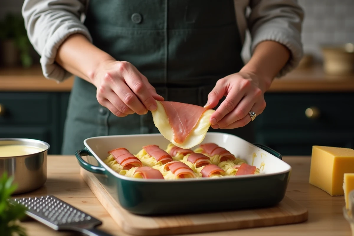 Préparation des endives au jambon béchamel faite maison, mains enroulant l'endive dans le jambon avant la cuisson au four