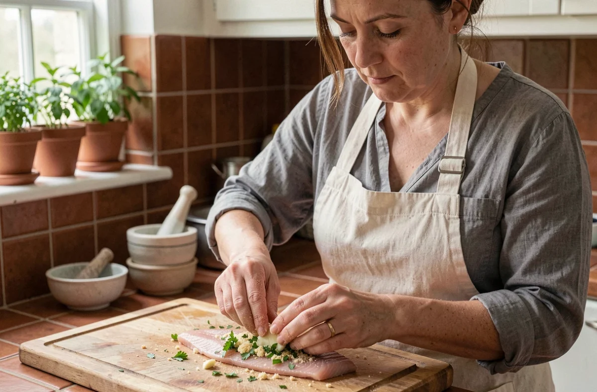 Cuisinière appliquant une croûte d'herbes fraîches sur un filet de julienne cru dans une cuisine familiale