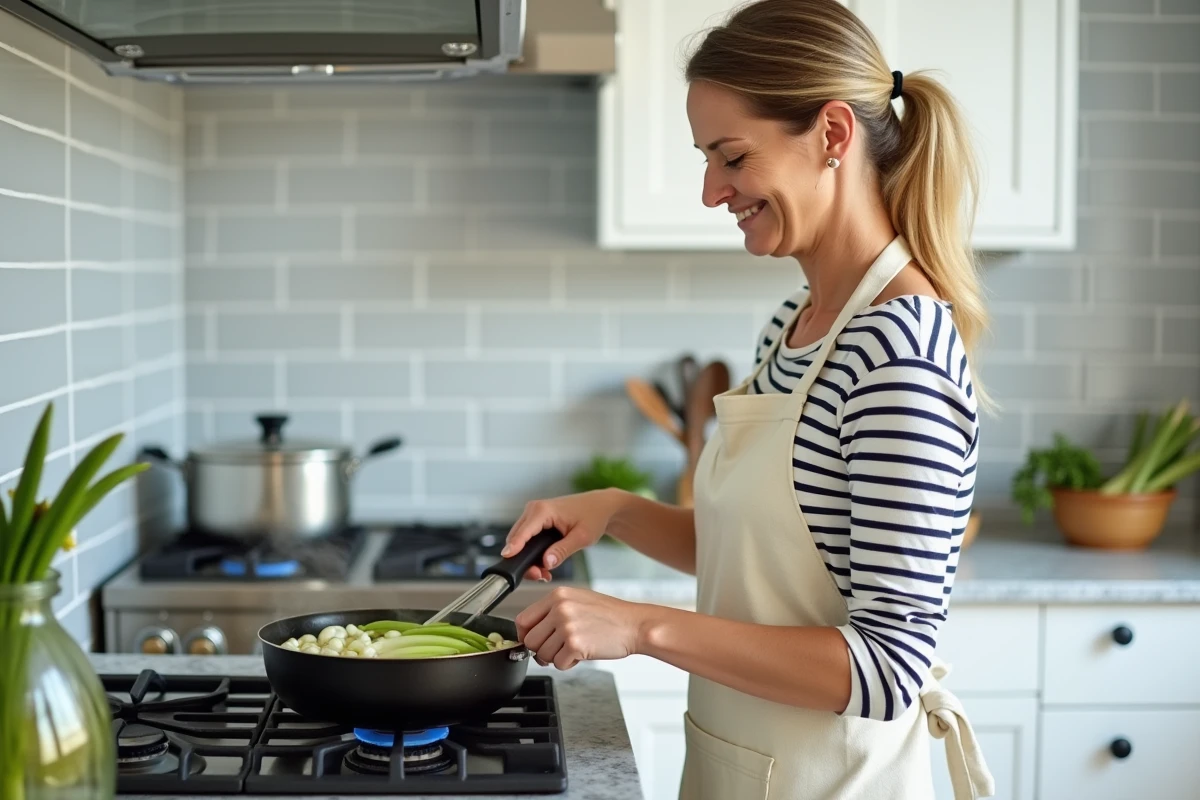 Femme préparant une fondue de poireaux légère dans une cuisine moderne, recette facile et sans culpabilité
