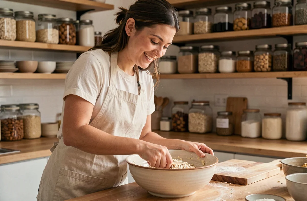Femme préparant la pâte de gâteau à l'avoine dans un grand bol en céramique dans une cuisine moderne