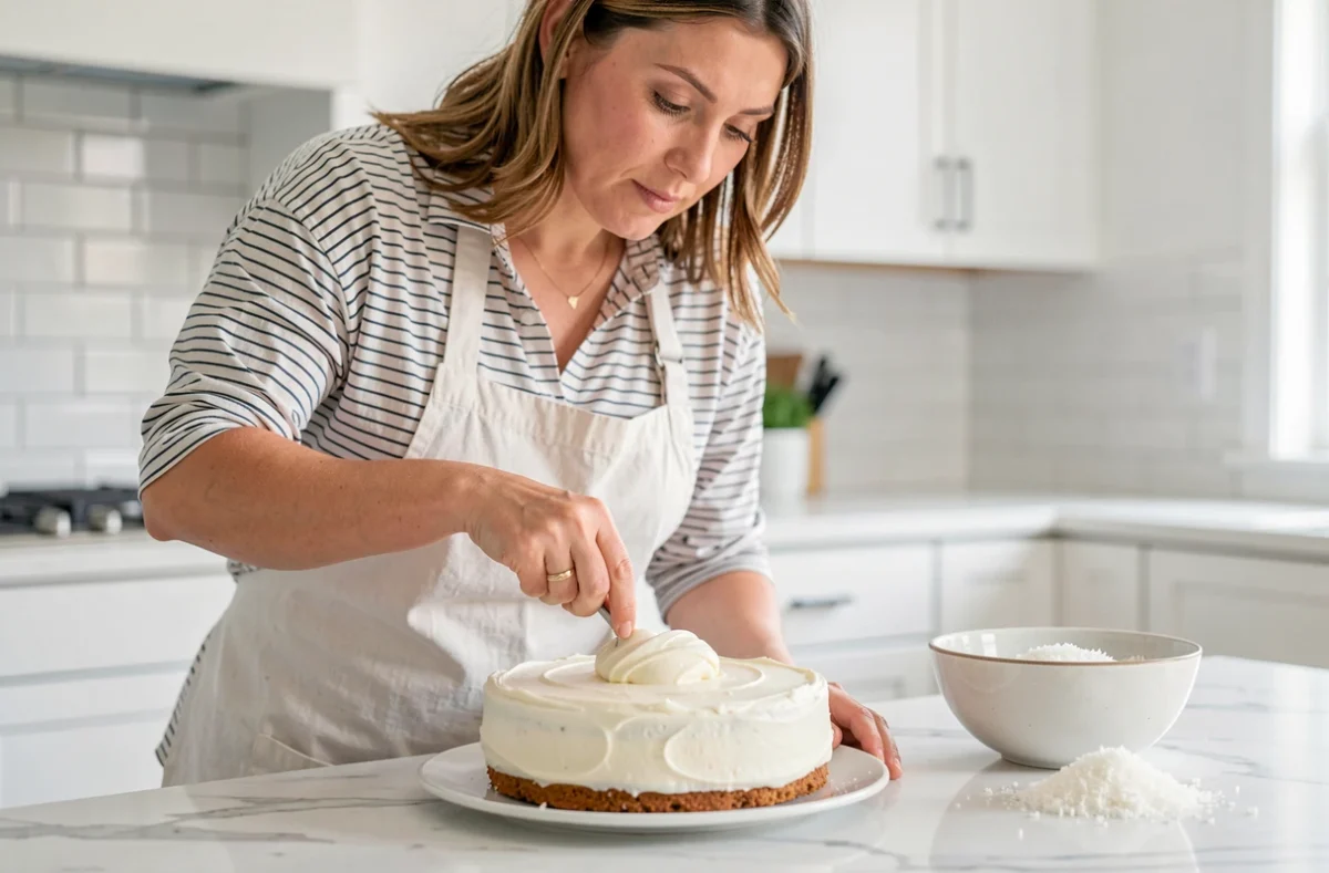 Femme préparant un glaçage à la noix de coco sur un gâteau dans une cuisine moderne avec plan de travail en marbre