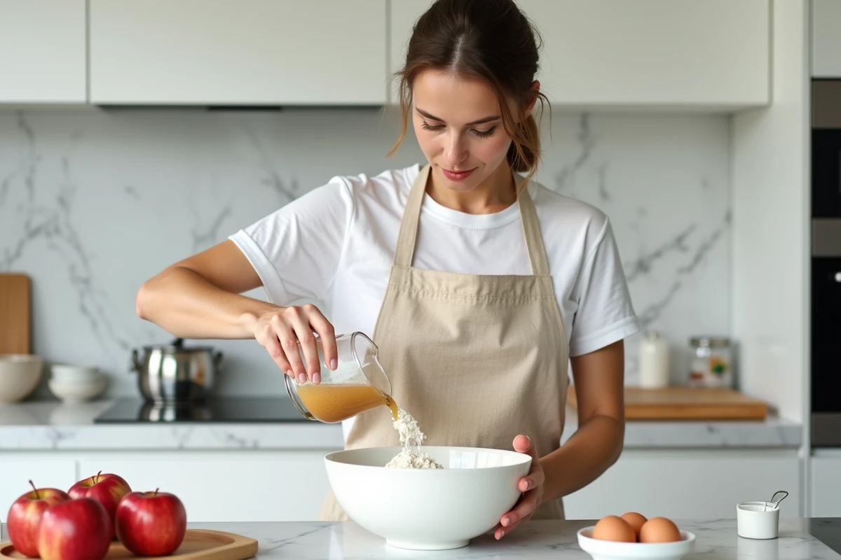 Femme préparant une pâte à gâteau avec de la compote de pomme et du yaourt dans une cuisine moderne lumineuse
