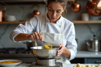Cheffe pâtissière réalisant une pâte à bombe en fouettant des jaunes d'œufs et du sirop de sucre au bain-marie dans une cuisine professionnelle