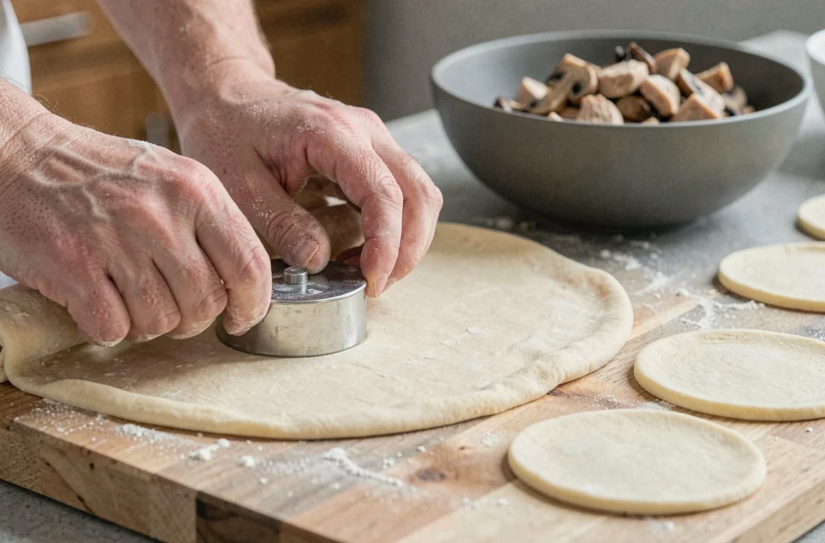 Mains découpant de la pâte feuilletée du commerce pour préparer des bouchées à la reine express sur une planche en bois farinée