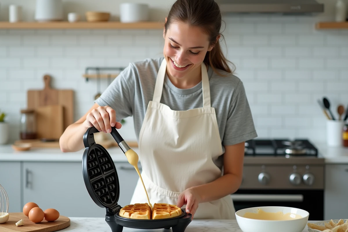 Femme versant de la pâte à gaufres dans un gaufrier électrique dans une cuisine moderne, tablier en lin crème