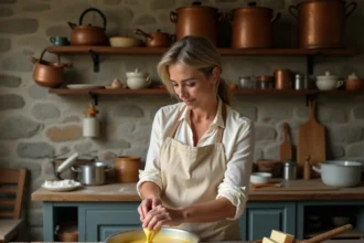 Femme préparant la pâte d'un quatre-quarts breton traditionnel dans une cuisine rustique en pierre