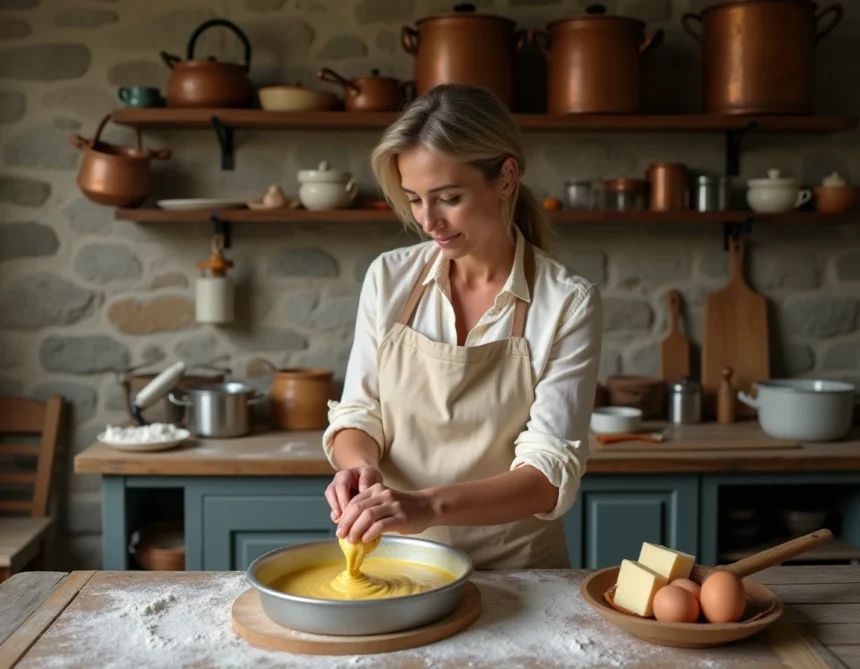 Femme préparant la pâte d'un quatre-quarts breton traditionnel dans une cuisine rustique en pierre