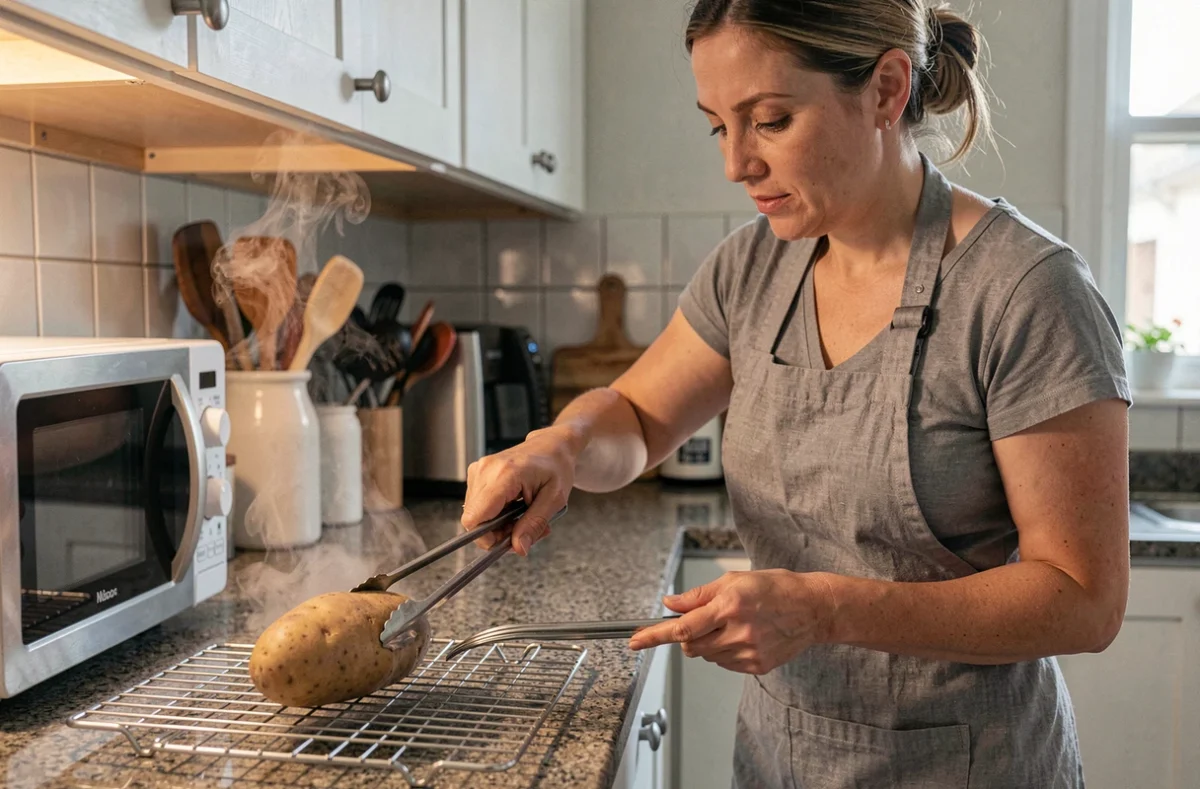 Femme en tablier plaçant une pomme de terre sous le grill du four après cuisson au micro-ondes dans une cuisine moderne