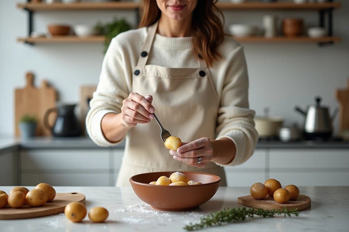 Femme préparant des pommes de terre écrasées maison avec une fourchette dans une cuisine moderne, accompagnement idéal pour raclette et fondue