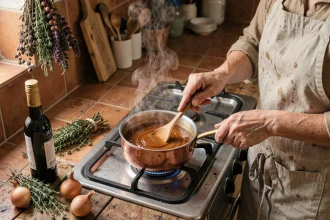 Femme préparant une sauce pour magret de canard sans vin dans une casserole en cuivre sur une cuisinière à gaz
