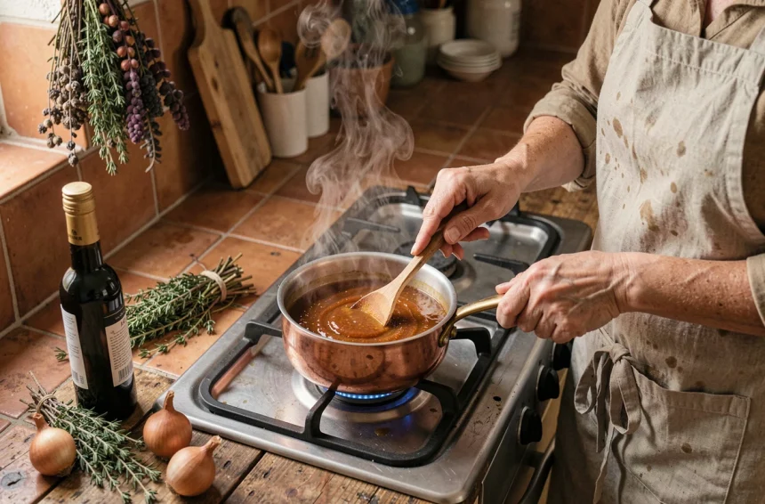 Femme préparant une sauce pour magret de canard sans vin dans une casserole en cuivre sur une cuisinière à gaz