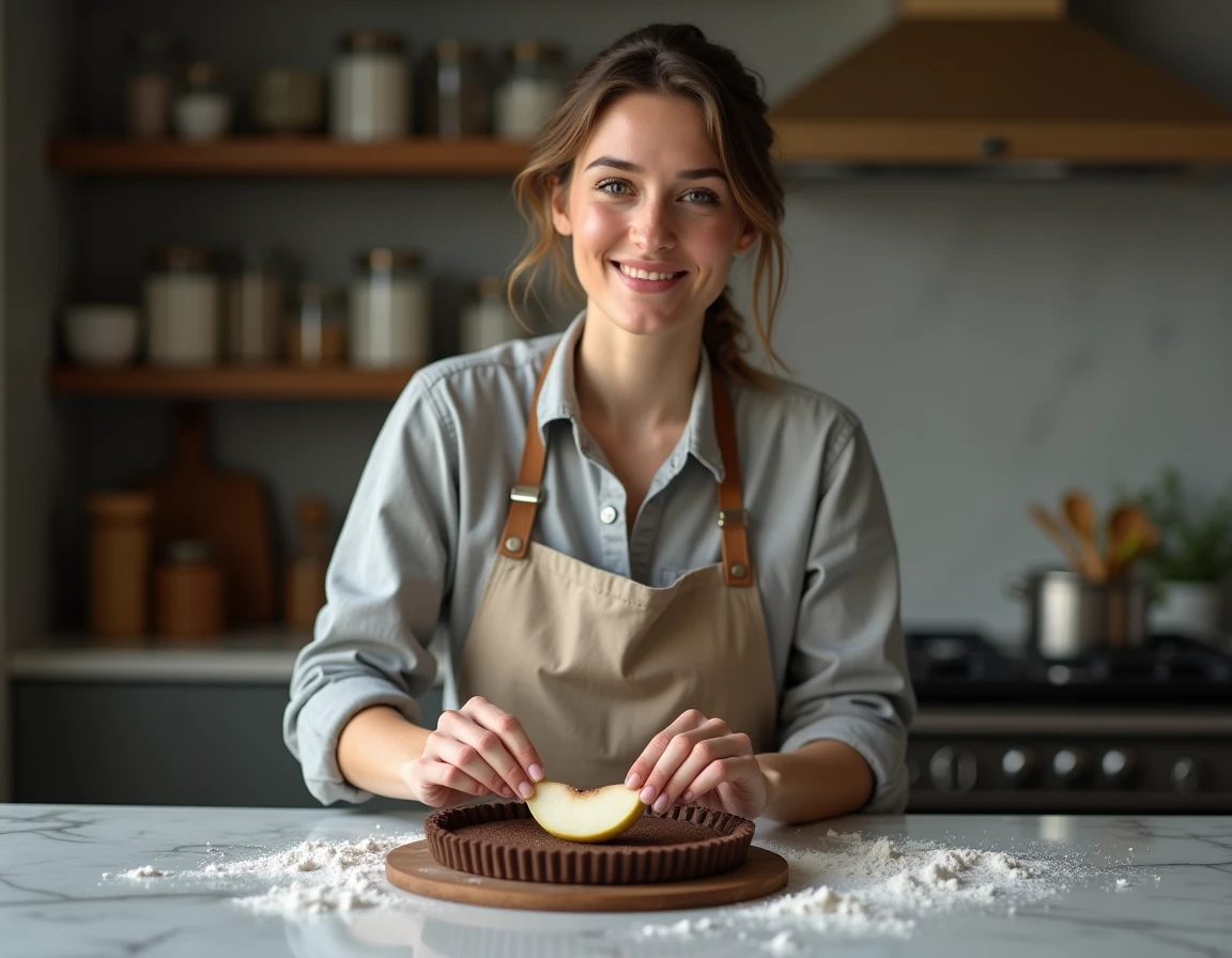 Femme en tablier préparant une tarte poire chocolat dans une cuisine moderne avec plan de travail en marbre