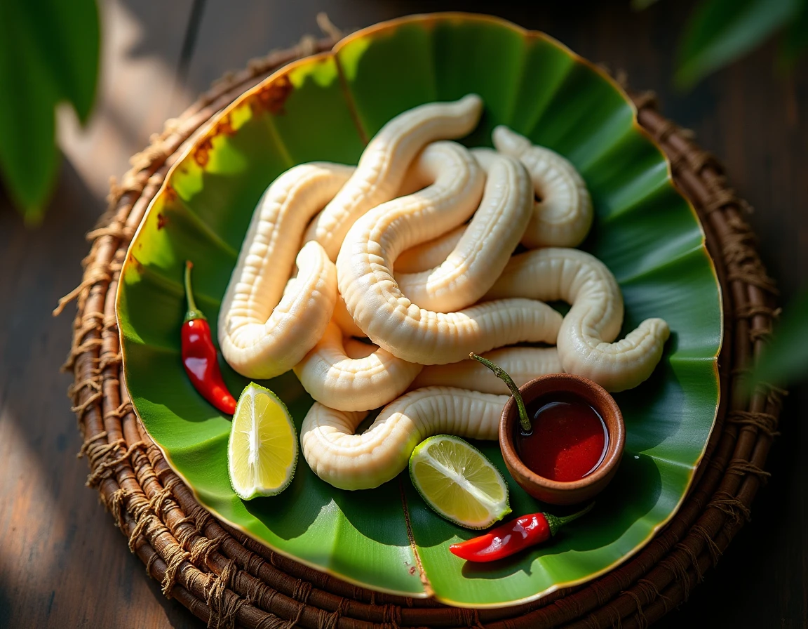 Présentation traditionnelle de vers de coco crus sur feuille de bananier avec condiments