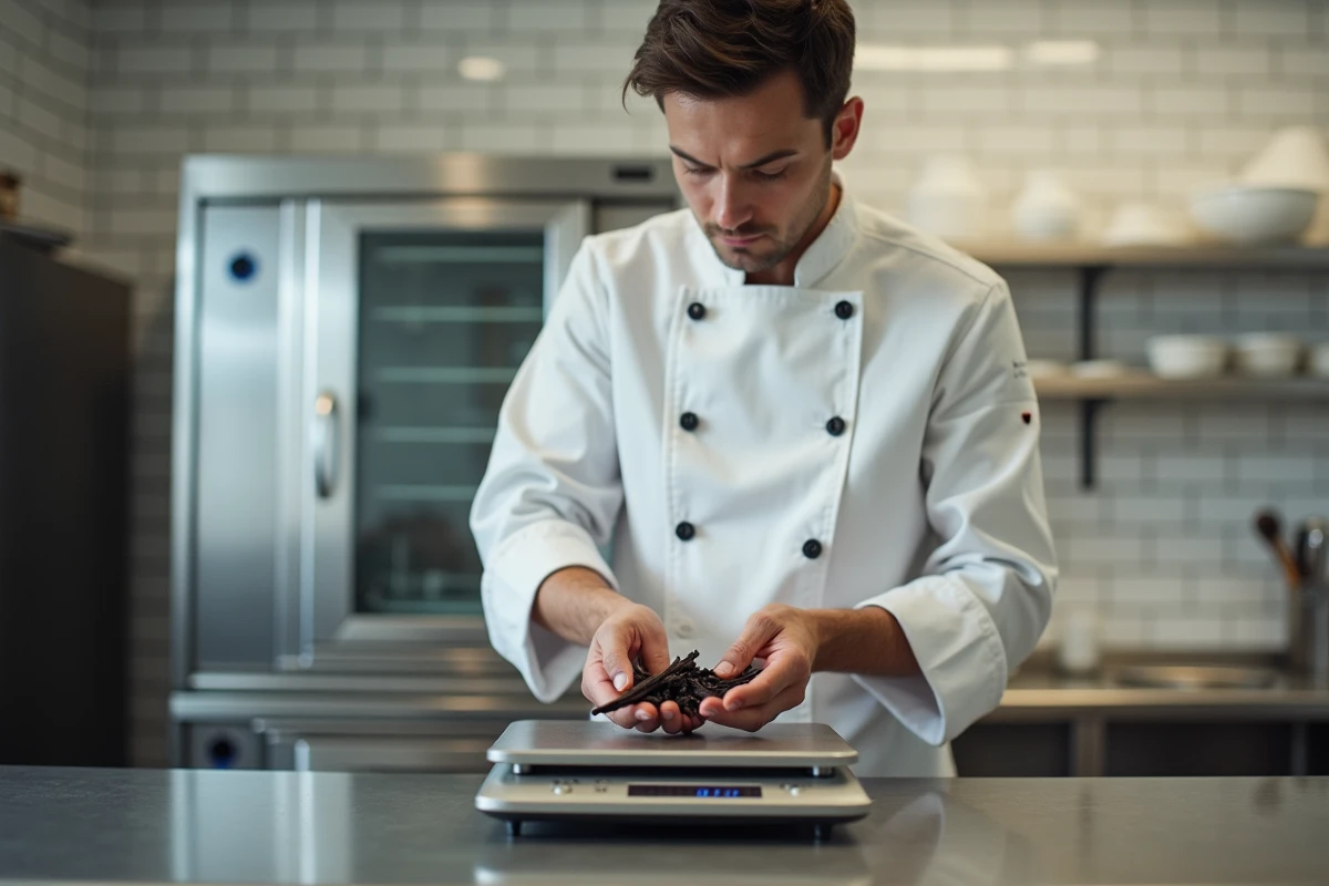 Chef pâtissier professionnel pesant des gousses de vanille sur une balance numérique dans une cuisine de restaurant