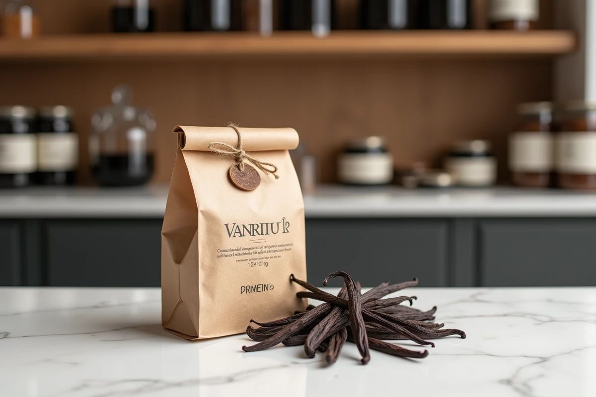 Sachet kraft d'un kilo de vanille de Madagascar avec étiquette de prix en euros dans une épicerie fine