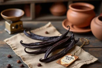 Gousses de vanille entières posées sur une surface en bois rustique avec une balance vintage et une étiquette de prix artisanale