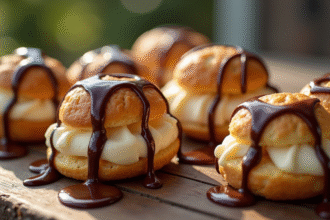 Profiteroles glacées au chocolat sur table en lumière naturelle