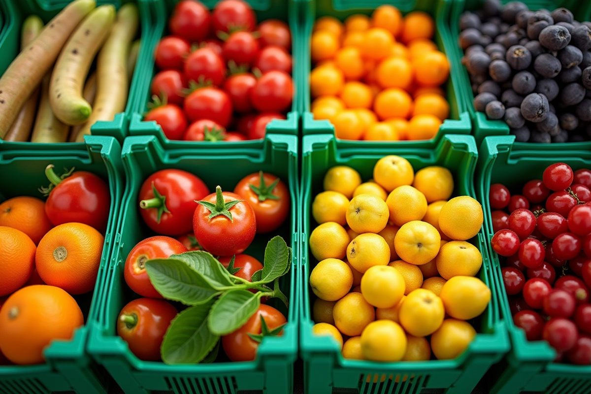 Vitrine colorée de fruits et légumes en bacs verts
