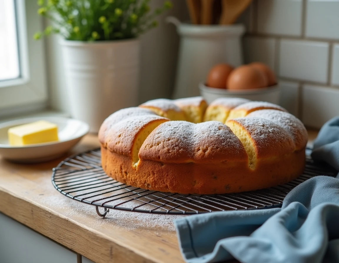 Quatre-quarts breton fraîchement sorti du four avec une croûte dorée et du sucre glace sur une grille de refroidissement