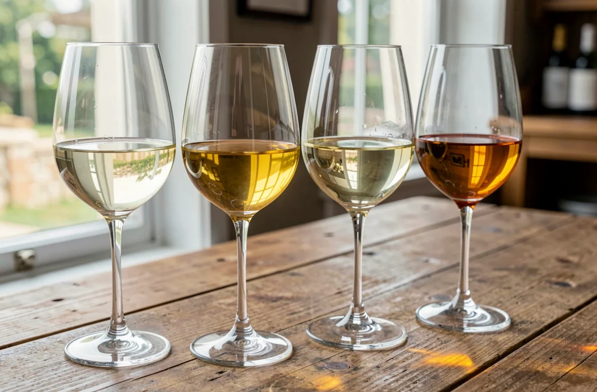 Quatre verres de Vouvray de couleur dorée plus ou moins soutenue