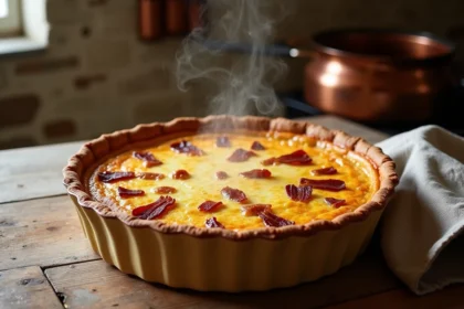 Quiche lorraine dorée dans un moule rond en céramique posée sur une table en bois rustique