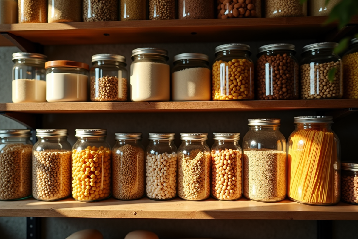 Étagère rustique avec bocaux vintage et contenants de grains