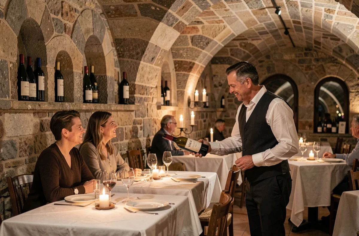 Cave voûtée en pierre du Relais des Moines aux Arcs-sur-Argens avec tables en lin blanc, niches à bouteilles et sommelier présentant un vin du Var à un couple attablé