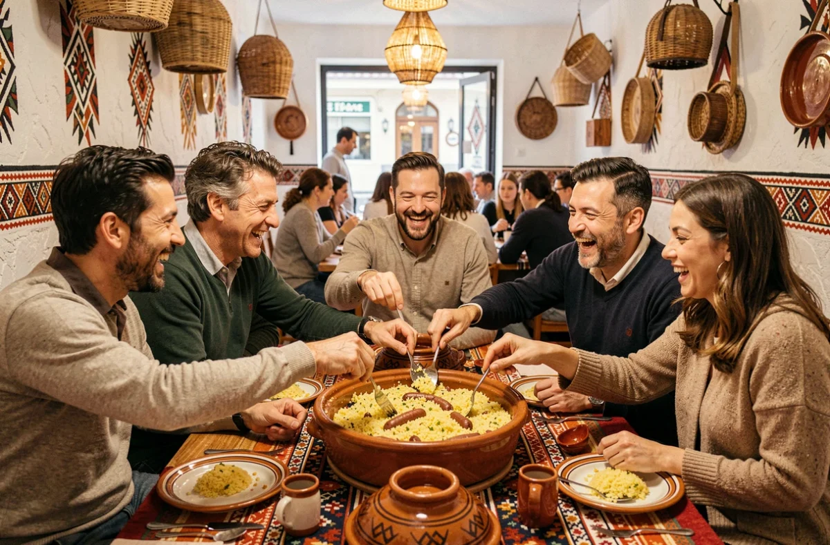 Groupe d'amis partageant un couscous merguez en salle dans un restaurant maghrébin chaleureux à Toulouse