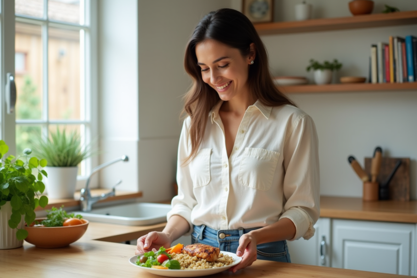Femme souriante préparant un repas équilibré dans une cuisine lumineuse
