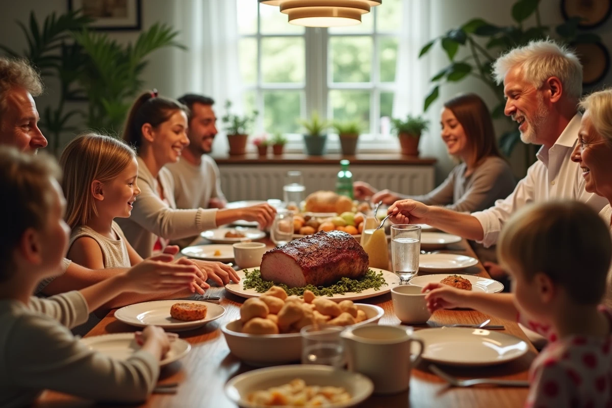 Famille autour d une table avec porc rôti et plats variés