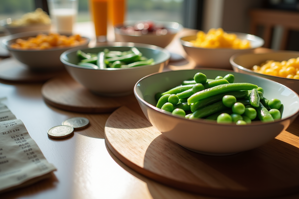 Table familiale avec légumes en conserve et reçu d