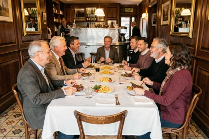Grand groupe de convives attablés dans un bistrot parisien traditionnel autour d'un repas de steak frites, ambiance chaleureuse et authentique idéale pour une réservation de groupe
