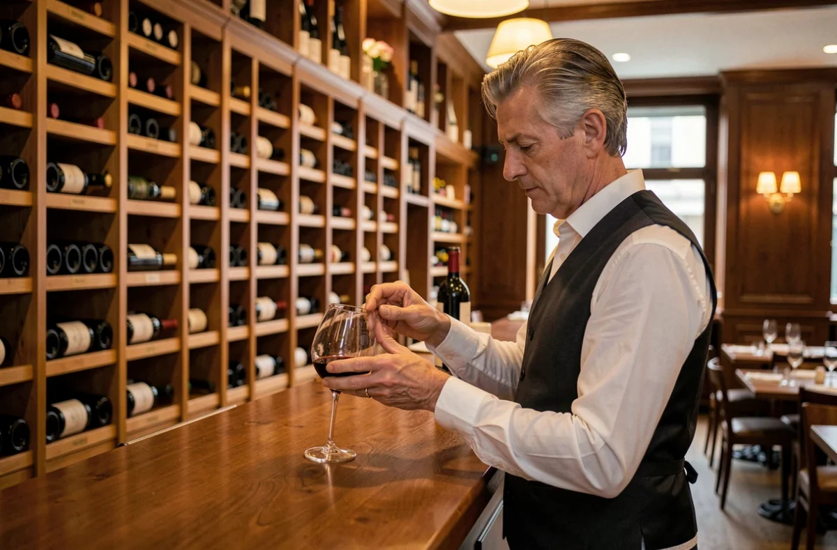Sommelier examinant un verre de vin rouge au Bistrot du Sommelier à Boulogne-Billancourt entouré de casiers à vins