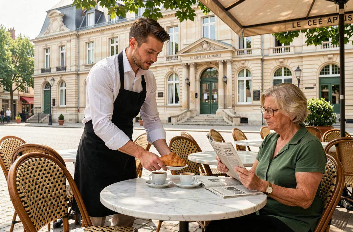 Terrasse ensoleillée du Café de la Mairie à Saint-Cloud avec mairie en arrière-plan et client savourant un café