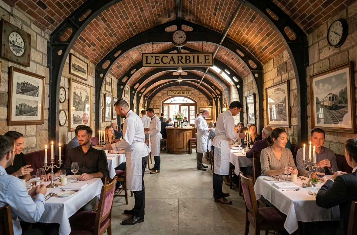 Salle du restaurant L'Escarbille à Meudon installée dans une ancienne gare avec poutres en fer et briques apparentes