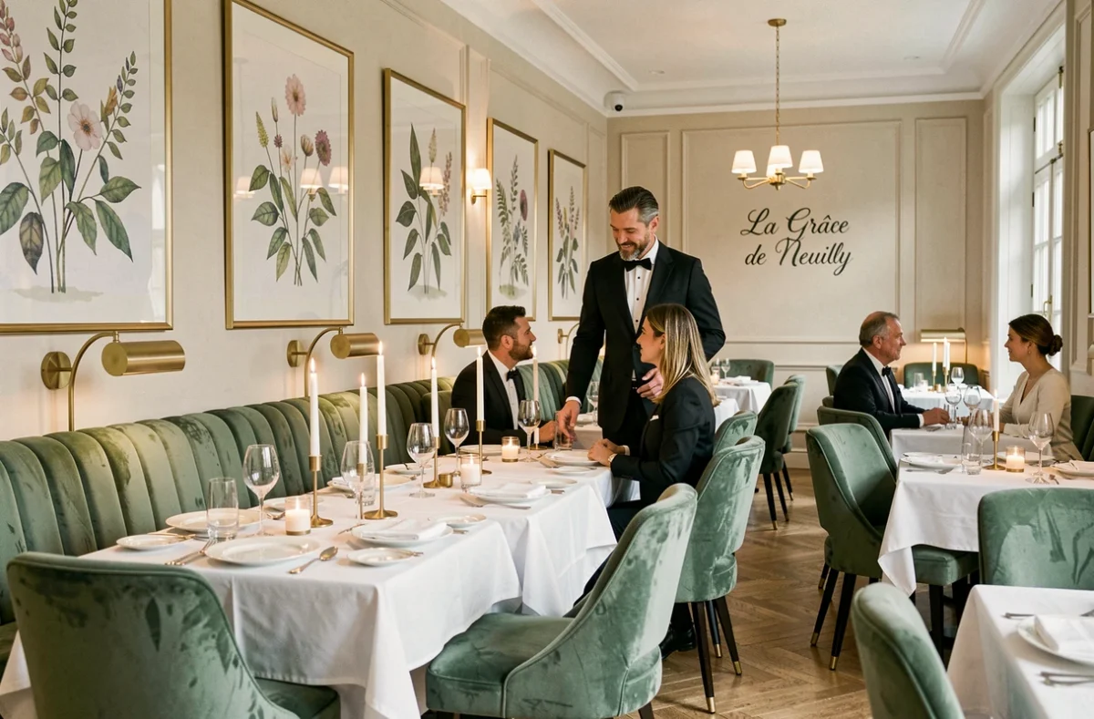 Salle élégante du restaurant La Grâce de Neuilly à Neuilly-sur-Seine avec sièges en velours vert et service raffiné