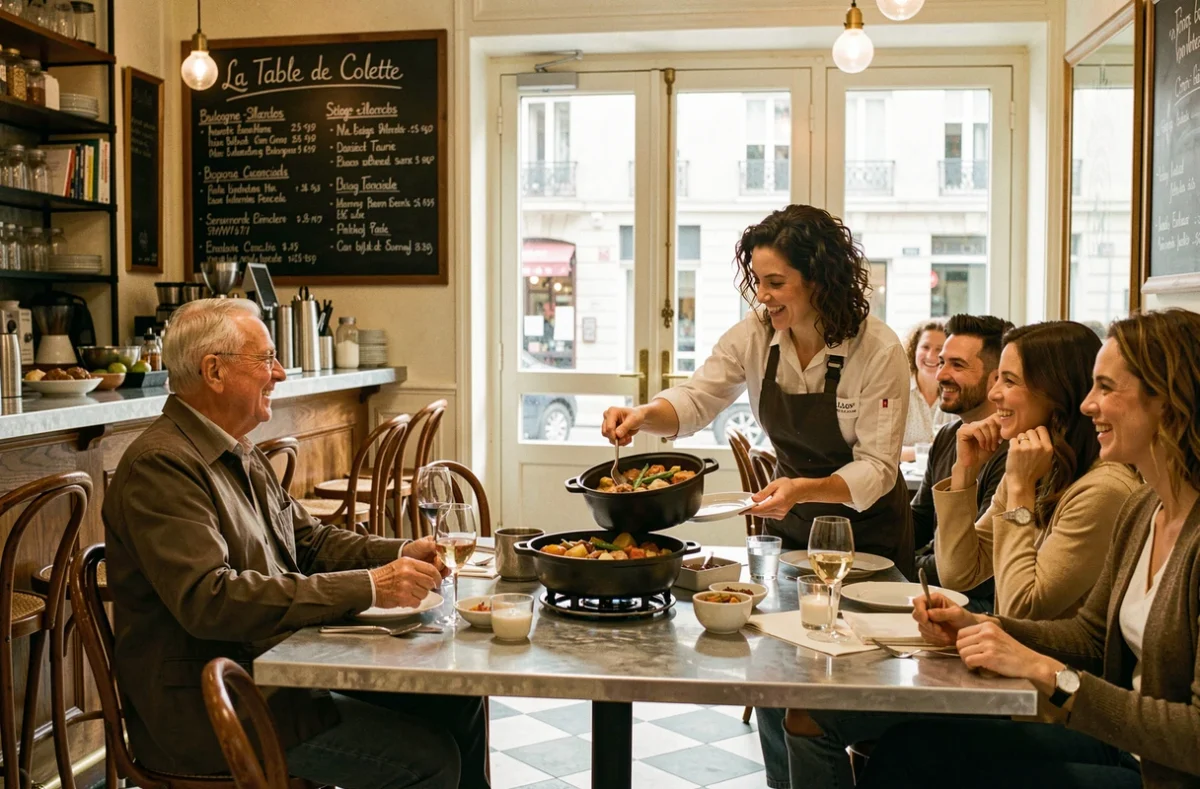 Chef présentant un plat traditionnel aux clients du restaurant La Table de Colette à Boulogne-Billancourt dans un cadre bistrot chaleureux