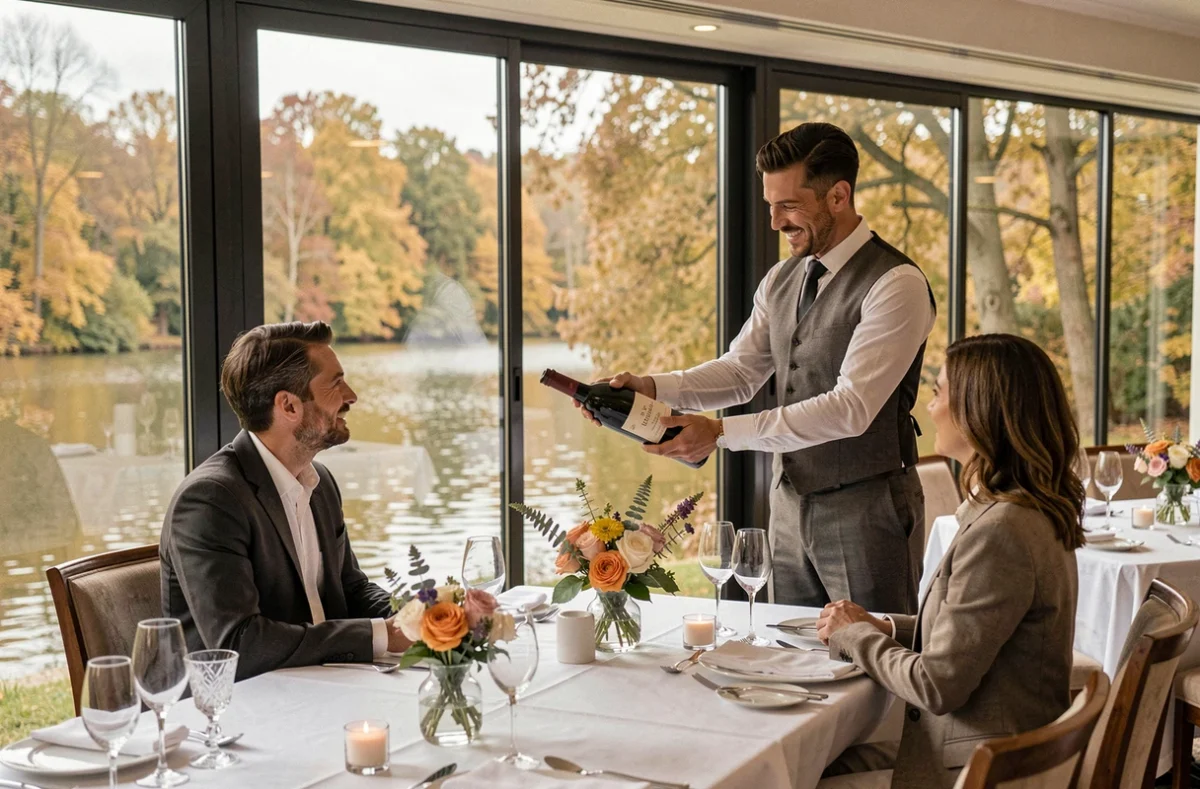 Salle de restaurant gastronomique Le Corot à Ville-d'Avray avec vue sur l'étang boisé et tables en linge blanc