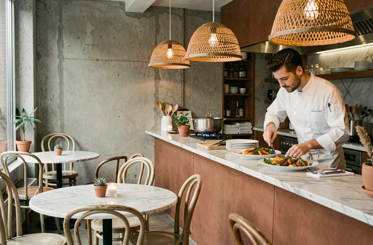 Intérieur moderne du restaurant Maison Avoise à Issy-les-Moulineaux avec cuisine ouverte et décor en béton et rotin